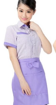 紫色系围裙搭配紫色条纹工作服上衣